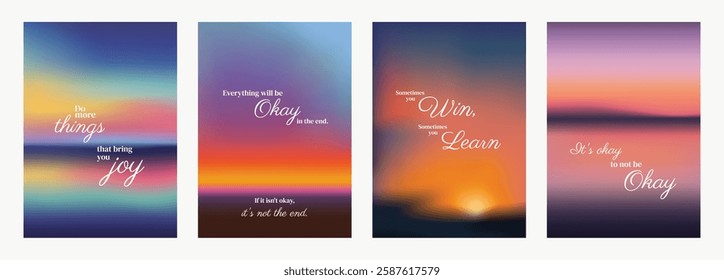 Inspirational posters with motivational quotes. Vibrant gradients in each poster. Encouraging words in stylish fonts. Uplifting and colorful designs. Pink sky positivity quote poster template vectors.