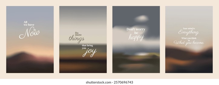 Inspirational posters with quotes. Motivational text. Encouraging words about joy, happiness, and living in the now. Uplifting and positive vibes. Aesthetic inspirational quote poster template vectors