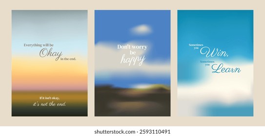 Inspirational posters with quotes on blurred backgrounds. Motivational phrases in elegant fonts. Uplifting words on soft, colorful designs. Motivational quote poster template vectors.