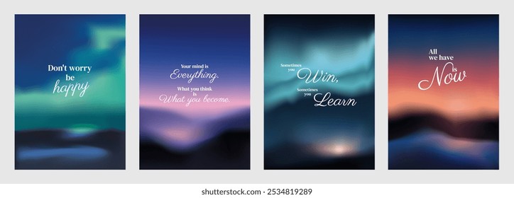 Inspirational posters with quotes on dreamy. Motivational words on serene, abstract designs. Uplifting messages on tranquil, blurred scenes. Sunset sky inspirational quote poster template vectors.