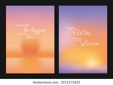 Inspirational posters with quotes. Soft gradient backgrounds. Encouraging words on personal growth and positivity. Uplifting and inspiring messages. Pastel inspirational quote poster template vectors.