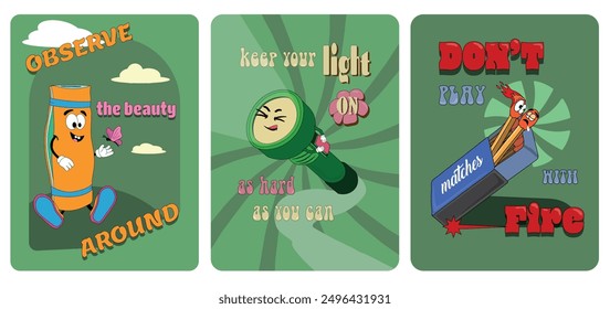 Inspirational posters, stickers, print with funky characters and lettering isolated on white. Flat groovy flashlight, humorous matches, comical sleeping pad. Vector set with good vibes. Hiking and fun