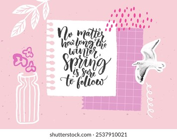 Inspirational quote about hard times handwritten on journal page, collage background template with torn paper and magazine cutout bird.