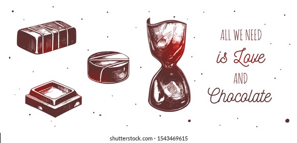 Inspirational quote with chocolate bar, candies. Sweet delicious desserts, pastry . Vector hand drawn vintage, retro style