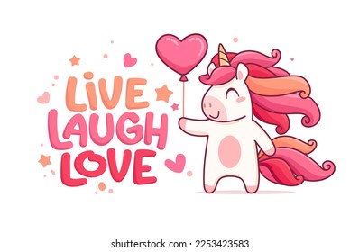 Inspirational quote " live, laugh, love " with cute Red Unicorn card or poster template for Valentine's day. Greeting card or invitation with unicorn holding heart.  Cartoon style vector illustration