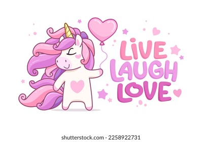 Una cita inspiradora " en vivo, risa, amor " con la tierna plantilla de tarjetas de Unicornio rosa para el día de San Valentín. Tarjeta de saludo o afiche con el corazón en brazos de unicornio. Ilustración vectorial de estilo de dibujos animados