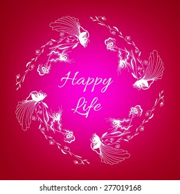 Inspirational quote on abstract background. Lacy flowers on bright colorful surface. Lettering "Happy Life". Vector illustration.