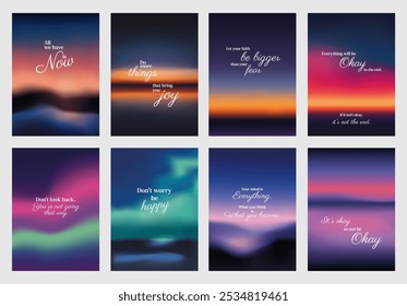 Inspirational quote posters with backgrounds. Motivational phrases on vibrant, gradient designs. Uplifting quotes on vivid, abstract backdrops. Sunset sky inspirational quote poster template vectors.