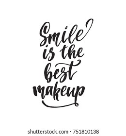 Inspirational quote Smile is the best make up. Hand lettering design element. Ink brush calligraphy. Vector illustration