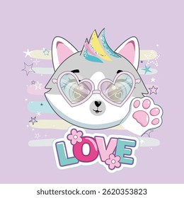 Inspirational quote text and cute cat with rainbow hair drawing.