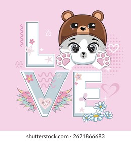 Inspirational quote text and cute cat in bear hat drawing.