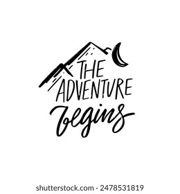 Inspirational quote 'The Adventure Begins' with mountains and moon, perfect for travel and motivation.