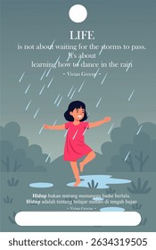 citações inspiradoras sobre a vida que deve continuar apesar de muitos obstáculos. com uma ilustração de uma criança dançando alegremente sob a chuva torrencial. uma criança pequena retrata alguém que não tem ônus