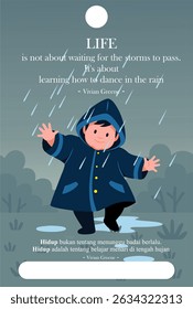 citações inspiradoras sobre a vida que deve continuar apesar de muitos obstáculos. com uma ilustração de uma criança dançando alegremente sob a chuva torrencial. uma criança pequena retrata alguém que não tem ônus