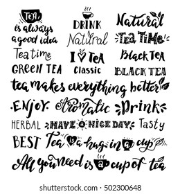  Inspirational Quotes About Tea.Hand Drawn Illustration With Hand Lettering.