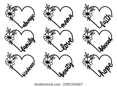 Inspirational quotes with With Flower Love heart Vector Design, Laser Cutting Files Design, Valentines Day