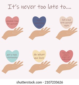 Inspirational quotes, motivation. Simple reminders of mental health care. Vector illustration.