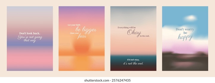 Inspirational quotes. Motivational phrases like 'be happy' and 'don't look back' inspire positivity and optimism. Uplifting and encouraging words. Pastel inspirational quote poster template vectors.