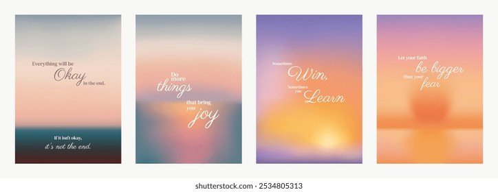 Inspirational quotes. Motivational phrases, uplifting words. Positive messages on soft, colorful designs. Encouraging, inspiring, motivational. Pastel inspirational quote poster template vectors.