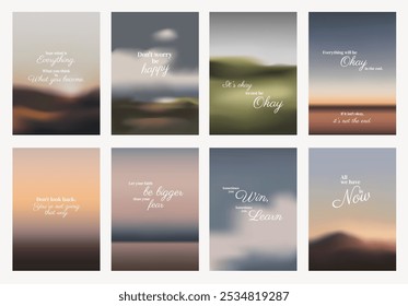 Inspirational quotes. Motivational text on serene landscapes. Uplifting messages on peaceful scenes. Encouraging words on tranquil views. Aesthetic inspirational quote poster template vectors.