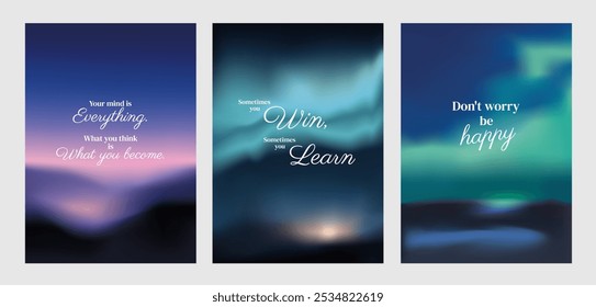 Inspirational quotes. Motivational text, uplifting words. Quotes inspire, motivate, uplift. Text encourages, inspires. Motivational design. Sunset sky inspirational quote poster template vectors.