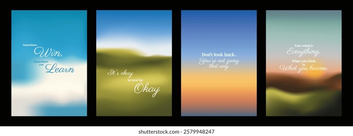 Inspirational quotes on backgrounds. Motivational phrases emphasize learning, okayness, and self-worth. Uplifting, positive, and encouraging messages. Motivational quote poster template vectors.