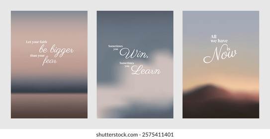 Inspirational quotes on blurred backgrounds. Soft dreamy backdrops. Encouraging words on soothing, gentle hues. Positive messages in calming tones. Aesthetic inspirational quote poster template vector