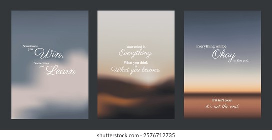 Inspirational quotes on blurred backgrounds. Motivational text on soft, calming images. Uplifting words, positive messages, serene designs. Aesthetic inspirational quote poster template vectors.