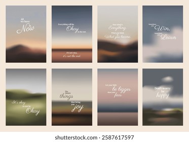 Inspirational quotes on blurred backgrounds. Motivational words on soft, dreamy landscapes. Uplifting messages, serene scenery, calming visuals. Aesthetic inspirational quote poster template vectors.