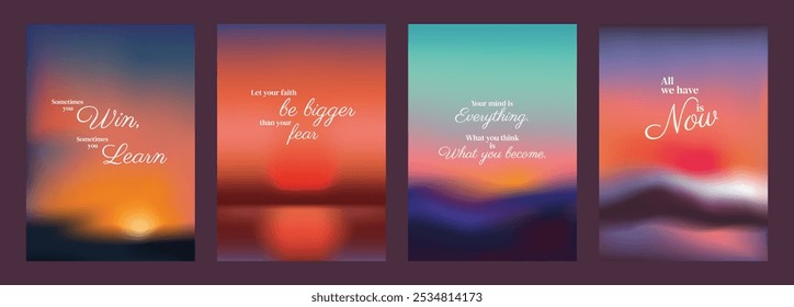 Inspirational quotes on blurred sunset backgrounds. Motivational phrases on vibrant, colorful skies. Uplifting words on dreamy, serene horizons. Pink sky positivity quote poster template vectors.