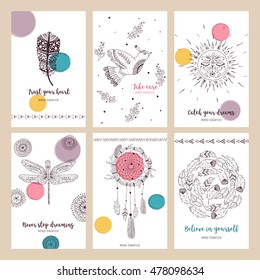 Inspirational quotes on cards with ethnic, boho elements: feathers, bird, dragonfly, sun, dream-catcher. Decorative retro greeting card or invitation layout design