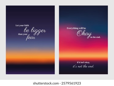 Inspirational quotes on colorful backgrounds. Motivational phrases on vibrant gradients. Uplifting words on artistic, and motivational designs. Sunset sky inspirational quote poster template vectors.