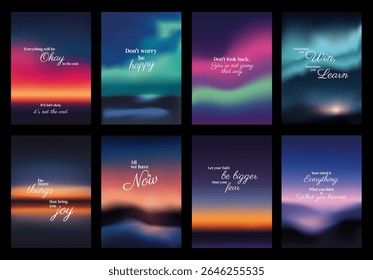 Inspirational quotes on colorful backgrounds. Motivational phrases, positivity, happiness, and learning. Uplifting messages inspire and motivate. Sunset sky inspirational quote poster template vectors