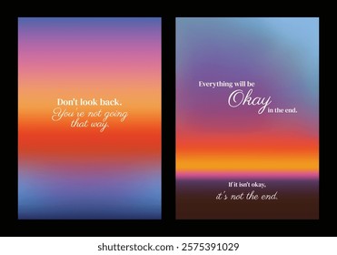 Inspirational quotes on colorful gradient backgrounds. Motivational phrases about moving forward and being okay. Uplifting, and encouraging messages. Pink sky positivity quote poster template vectors.