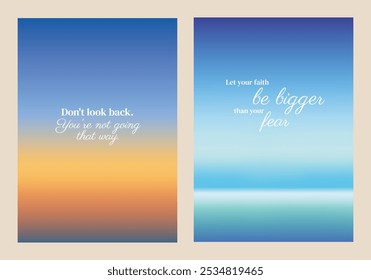 Inspirational quotes on gradient backgrounds. Motivational phrases encourage positivity. Blue and orange gradients. Inspiring words uplift and motivate. Motivational quote poster template vectors.