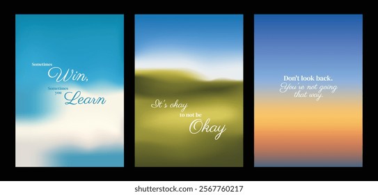 Inspirational quotes on gradient backgrounds. Motivational phrases like 'Win, Learn' on serene blue, orange backgrounds. Uplifting and positive messages. Motivational quote poster template vectors.