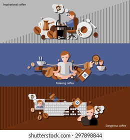  Inspirational relaxing and dangerous coffee horizontal banners set flat isolated vector illustration 