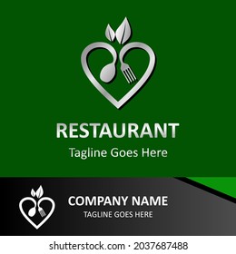 Inspirational restaurant vector logo. Abstract creative logotype heart, spoon, fork and leaf. Classic, vintage and modern logo illustration. Business enterprise template.