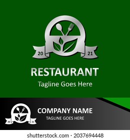 Inspirationelles Restaurant, Vektorlogo. Abstrakter kreativer Logotyp Laubkreis und Besteck. Classic, Vintage und moderne Logo-Illustration. Vorlage für Unternehmen.