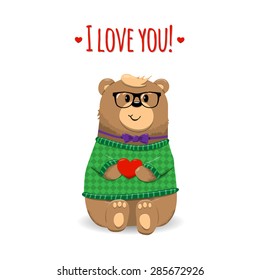 Inspirational romantic and love card for Happy Valentines Day. Stylish poster template for wedding, mothers day, birthday, invitations. Bright illustration with cute bear with heart in arms.