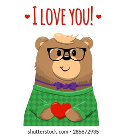 Inspirational romantic and love card for Happy Valentines Day. Stylish poster template for wedding, mothers day, birthday, invitations. Bright illustration with cute bear with heart in arms.