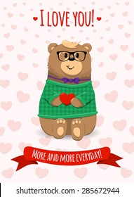 Inspirational romantic and love card for Happy Valentines Day. Stylish poster template for wedding, mothers day, birthday, invitations. Bright illustration with cute bear with heart in arms.