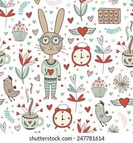 Inspirational romantic and love pattern for Happy Valentines Day. Template for wedding, mothers day, birthday, invitations. Greeting lovely wish with smiling rabbit. I love you.