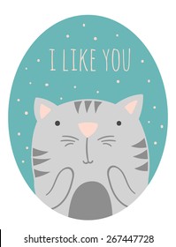 Inspirational romantic and love quote card. Cute hand drawn cat with text. Vector Doodle cat. I like you