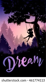 Inspirational romantic poster. Girl on a tree swing. Vector illustration 