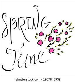 Inspirational spring hand lettering text. Welcoming and awaiting for March, April, May, twitting birds, showers and rains. Cute and cozy vector illustration.
