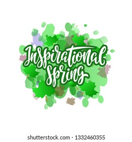 Inspirational spring hand sketched logotype, badge typography icon. Lettering spring season with leaf for greeting card, invitation template.  - Vector