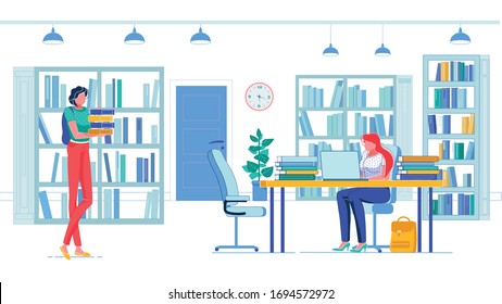Inspirational and Studying Material in University Library, Providing Educational Service for Student. Red-Haired Girl Sitting at Table with Laptop, Her Friend Bringing More Book to Read and Study.