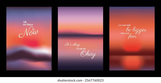 Inspirational sunset posters with motivational quotes. Vibrant sunset colors. Motivational quotes inspire. Sunset, quotes, motivation. Uplifting messages. Pink positivity quote poster template vectors