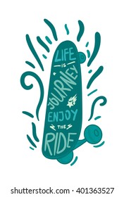 Inspirational turquoise vintage lettering inscribed in skateboard for print, t-shirt, poster, sport and travel emblems, logo. Retro motivational longboard design element. Vector